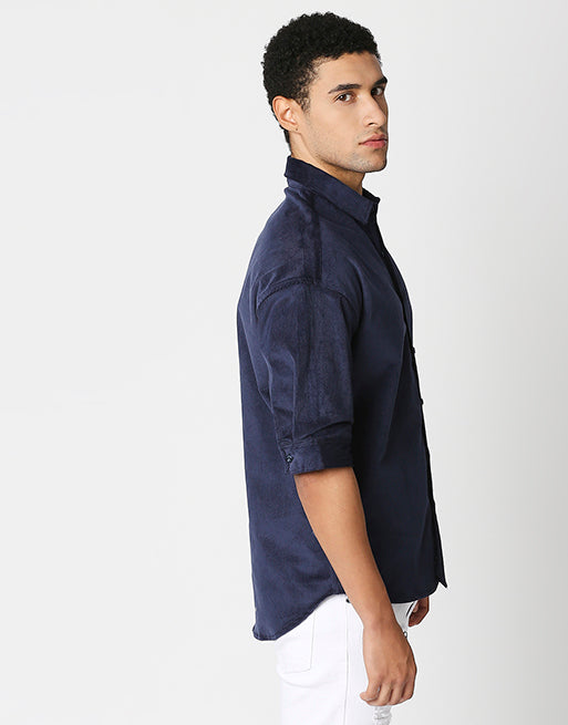 Hemsters Blue Corduroy Half Sleeve Relaxed Shirt