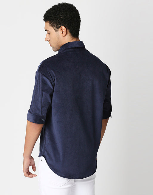 Hemsters Blue Corduroy Half Sleeve Relaxed Shirt