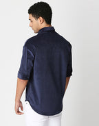 Hemsters Blue Corduroy Half Sleeve Relaxed Shirt