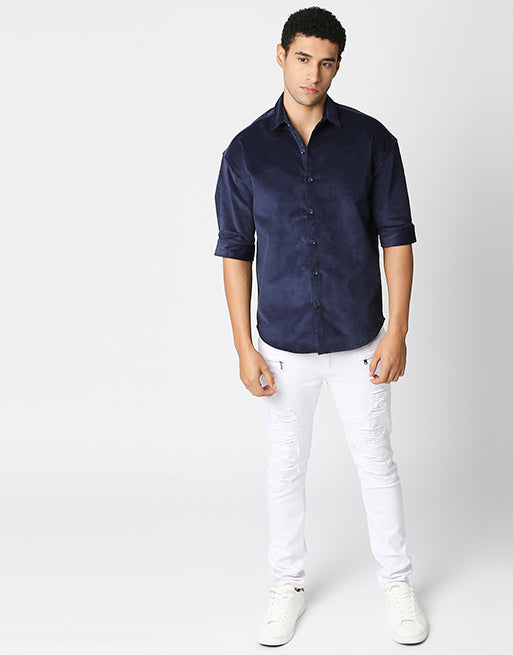 Hemsters Blue Corduroy Half Sleeve Relaxed Shirt