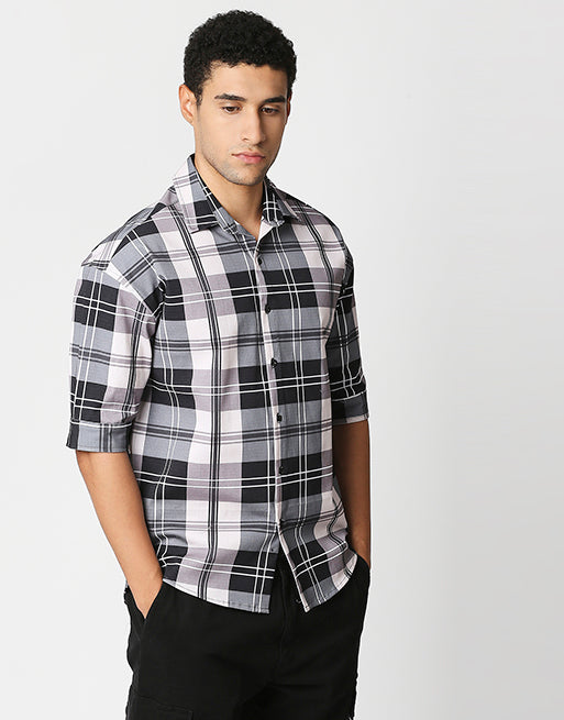 Hemsters Cream Checkered Relaxed Fit Half Sleeve Shirt For Men