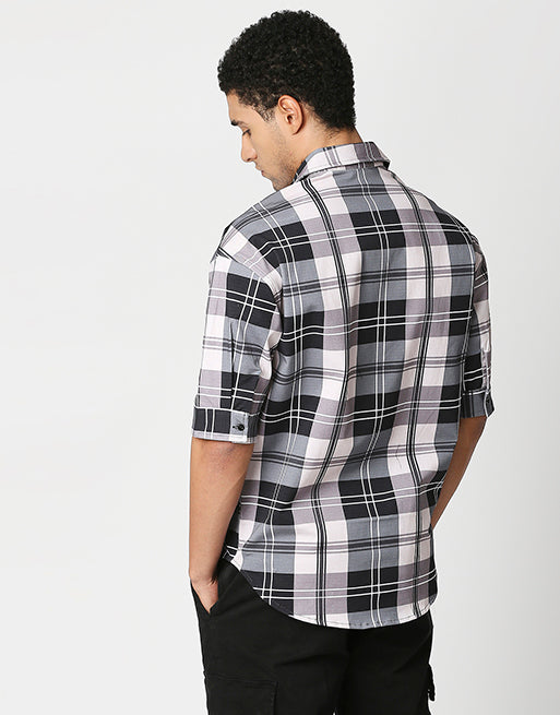 Hemsters Cream Checkered Relaxed Fit Half Sleeve Shirt For Men