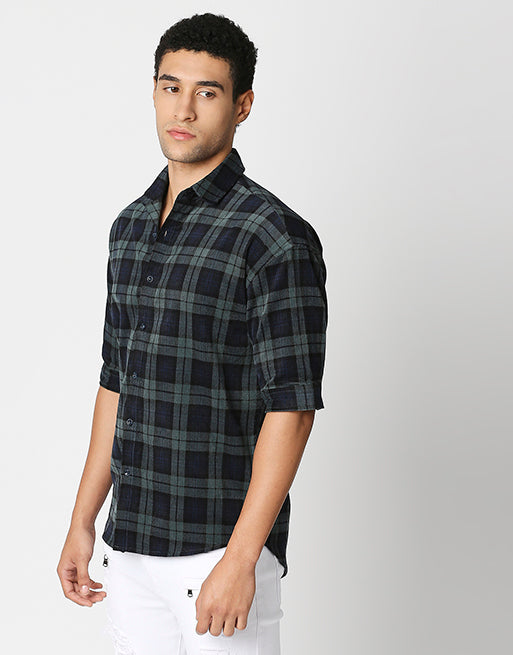 Hemsters Green Checkered Half Sleeve Corduroy Shirt For Men