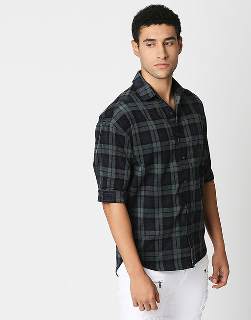 Hemsters Green Checkered Half Sleeve Corduroy Shirt For Men