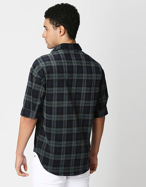 Hemsters Green Checkered Half Sleeve Corduroy Shirt For Men