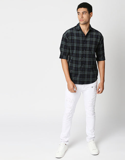 Hemsters Green Checkered Half Sleeve Corduroy Shirt For Men