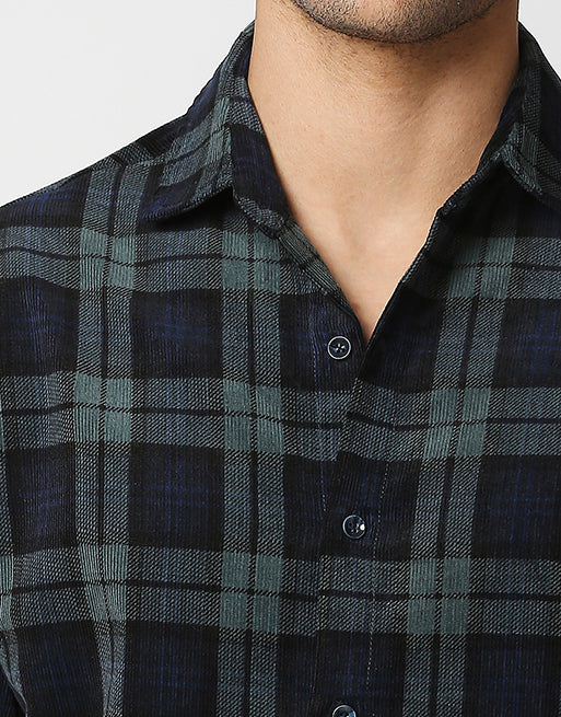 Hemsters Green Checkered Half Sleeve Corduroy Shirt For Men