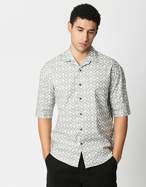 Hemsters Cream Printed Relaxed Fit Shirt