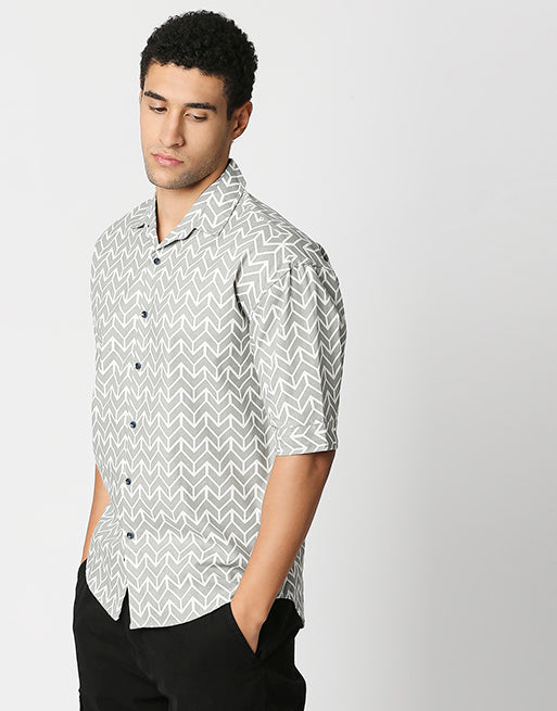 Hemsters Cream Printed Relaxed Fit Shirt