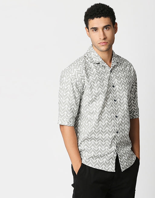 Hemsters Cream Printed Relaxed Fit Shirt