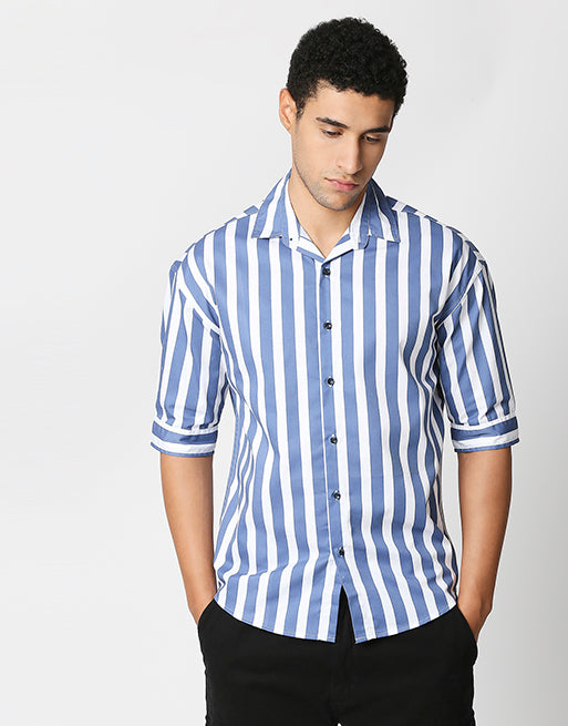 Hemsters Blue And White Half Sleeve Stripe Shirt