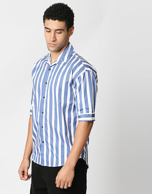 Hemsters Blue And White Half Sleeve Stripe Shirt