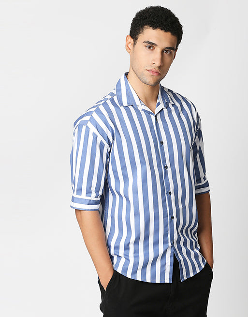 Hemsters Blue And White Half Sleeve Stripe Shirt