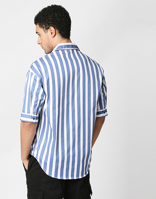 Hemsters Blue And White Half Sleeve Stripe Shirt
