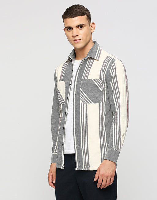 Hemsters Cream And Grey Stripe Overwear Shirt For mens