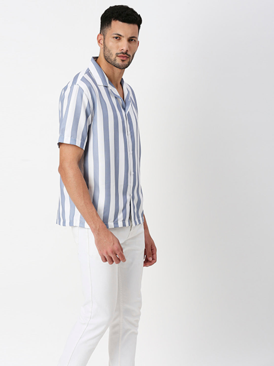 Hemsters Light Purple Striped Half Sleeves Shirt For Men