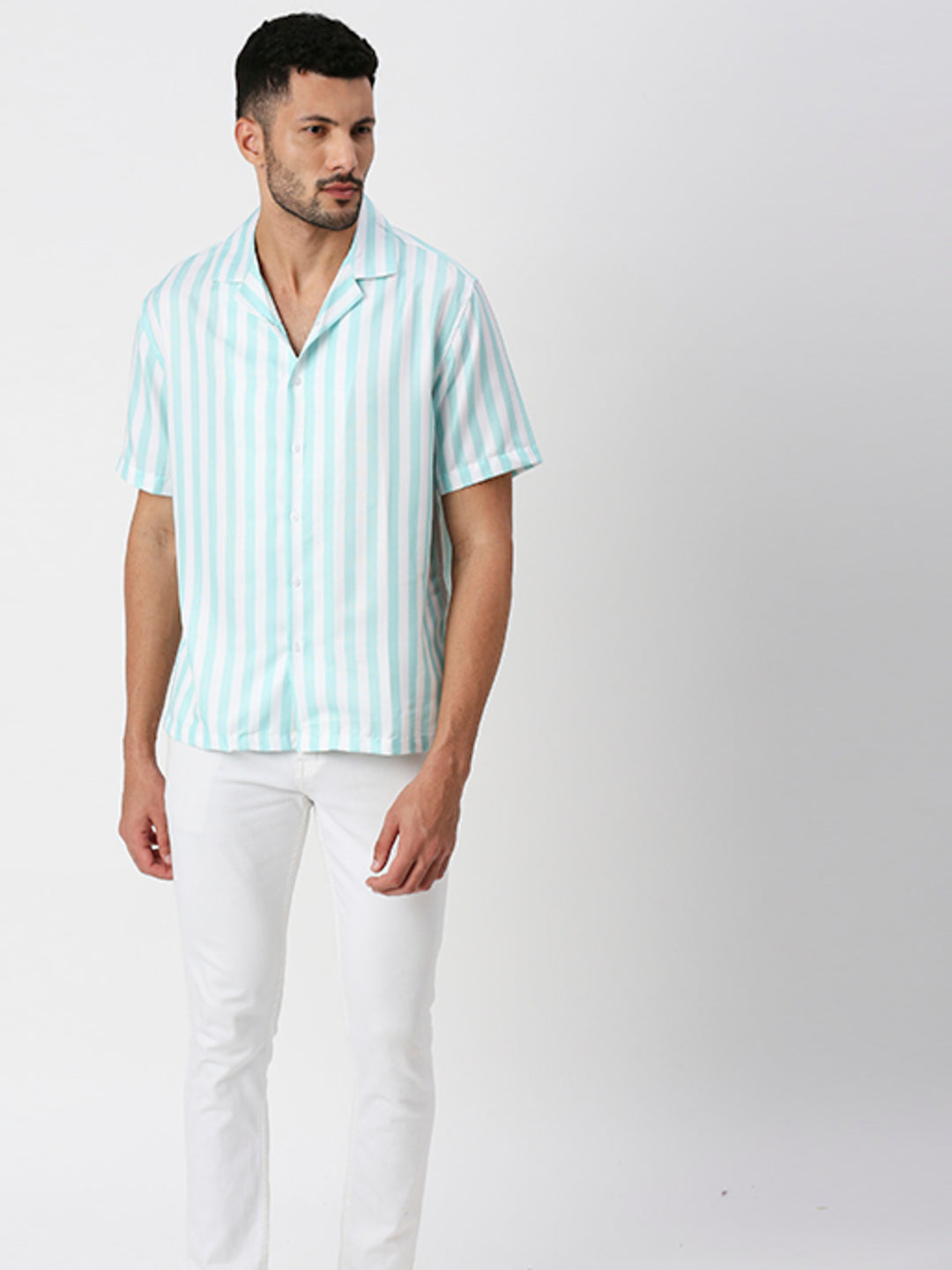 Hemsters White And Light Green Striped Half Sleeves Shirt For Men