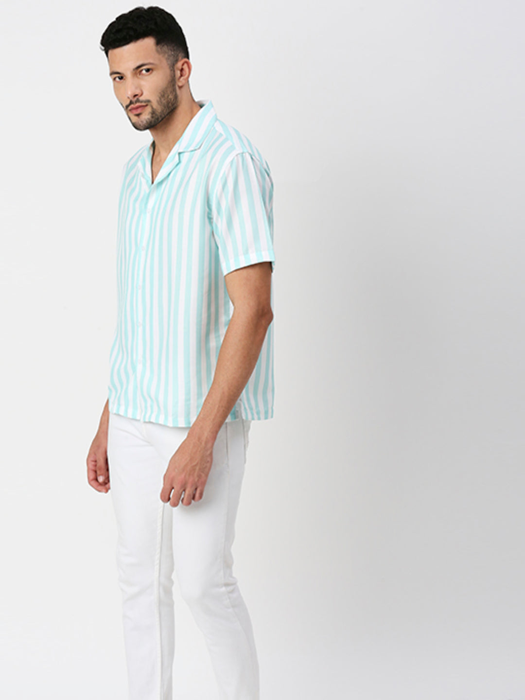 Hemsters White And Light Green Striped Half Sleeves Shirt For Men