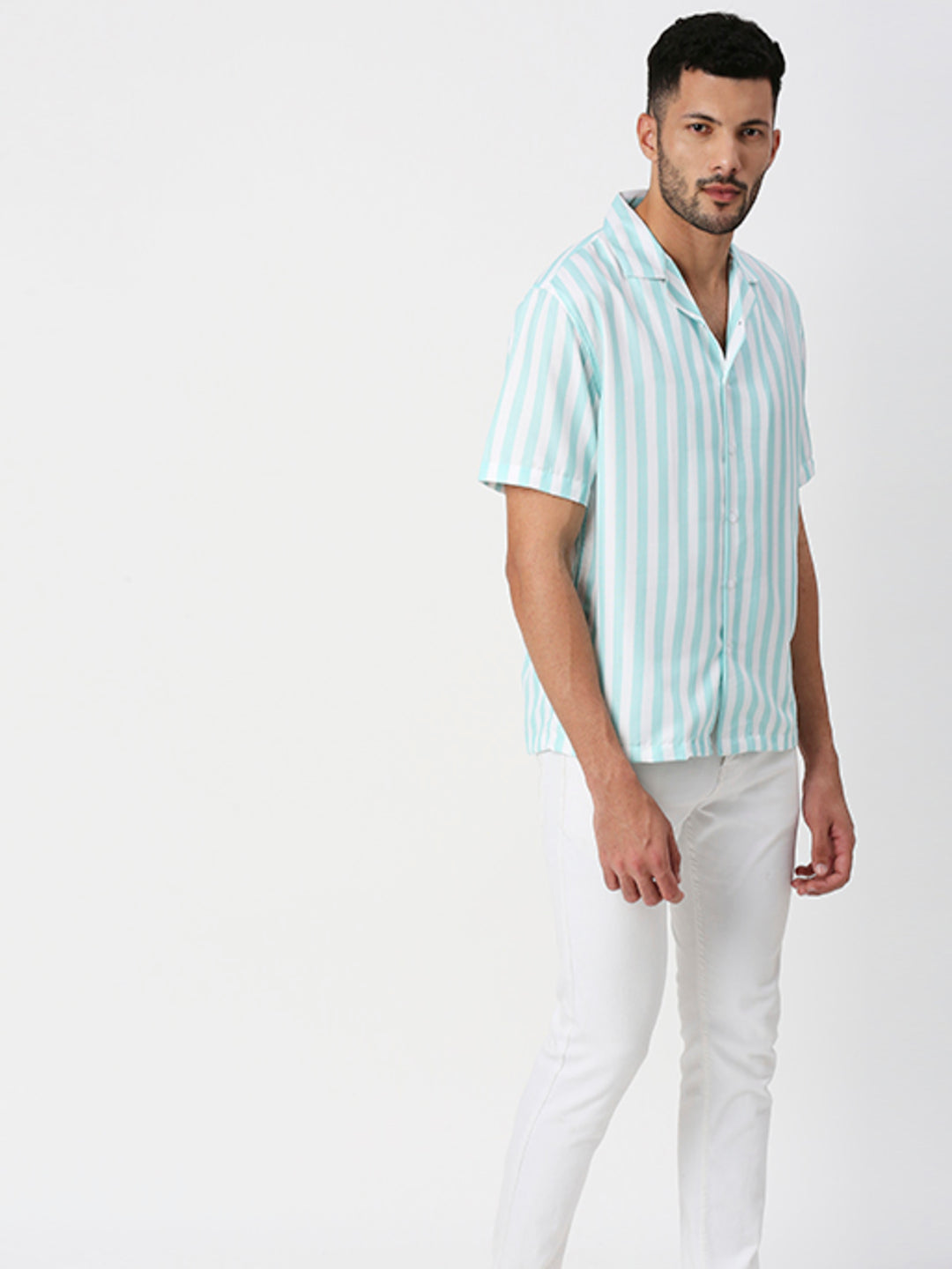 Hemsters White And Light Green Striped Half Sleeves Shirt For Men