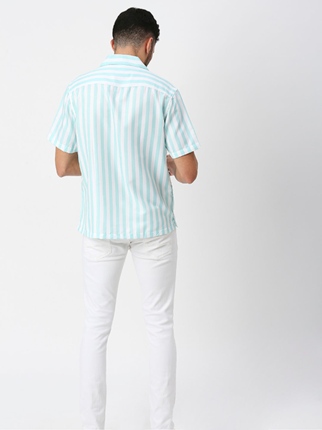 Hemsters White And Light Green Striped Half Sleeves Shirt For Men