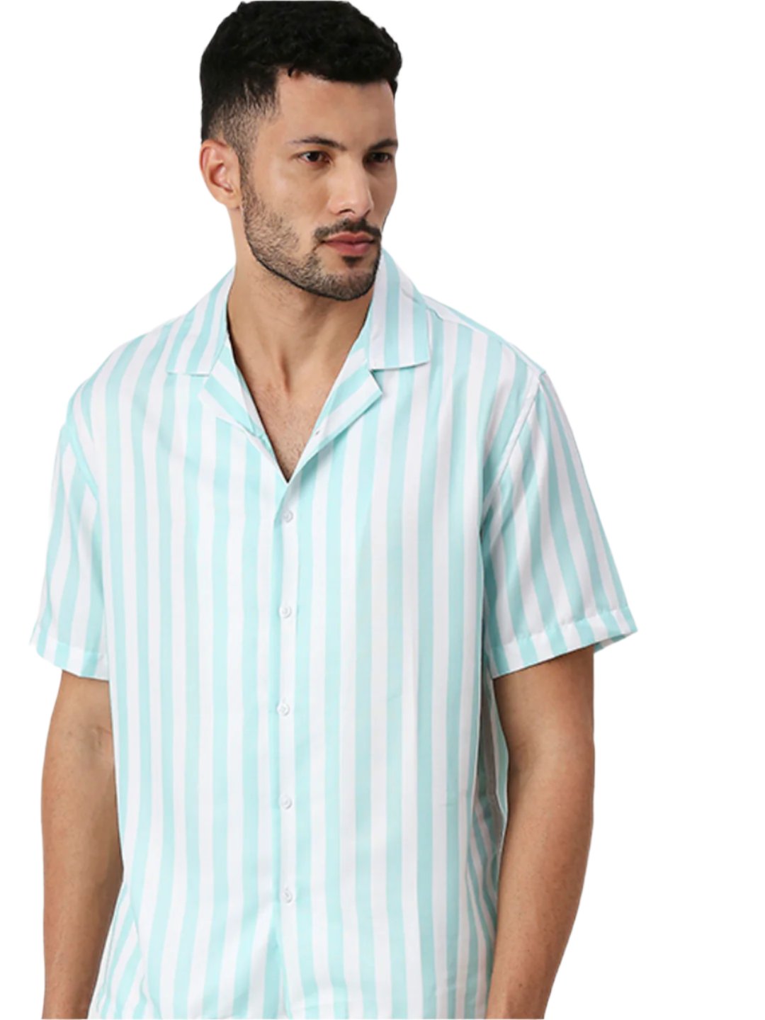 Hemsters White And Light Green Striped Half Sleeves Shirt For Men