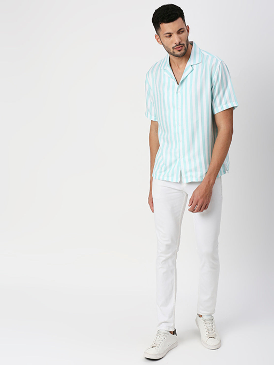 Hemsters White And Light Green Striped Half Sleeves Shirt For Men