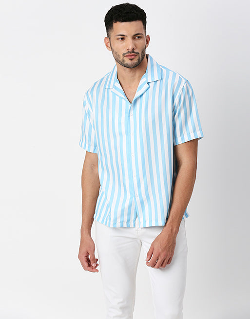 Hemsters White And Sky Blue Striped Half Sleeves Shirt For Men