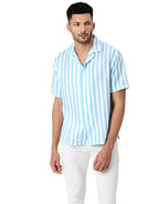 White And Sky Blue Striped Half Sleeves Shirt