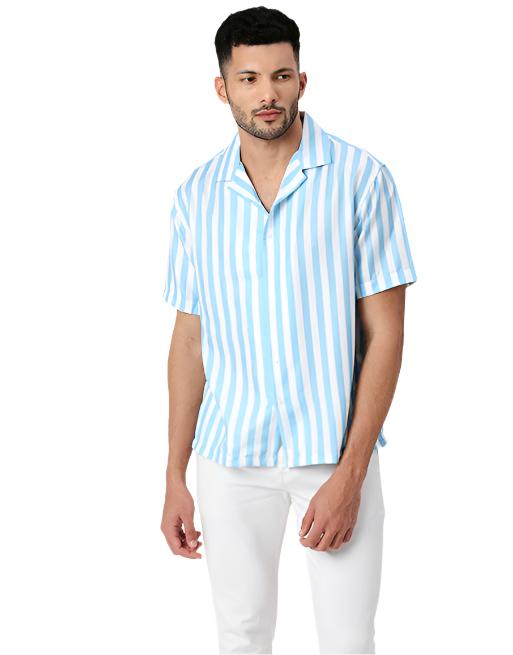 White And Sky Blue Striped Half Sleeves Shirt