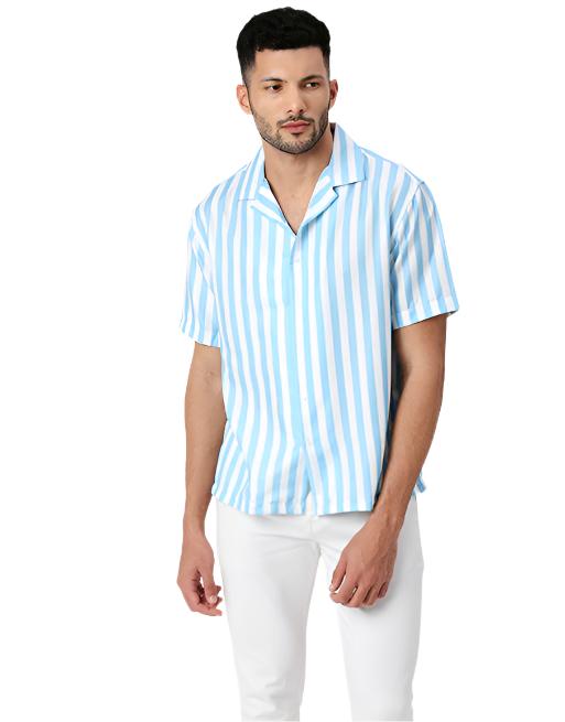 Hemsters White And Sky Blue Striped Half Sleeves Shirt For Men