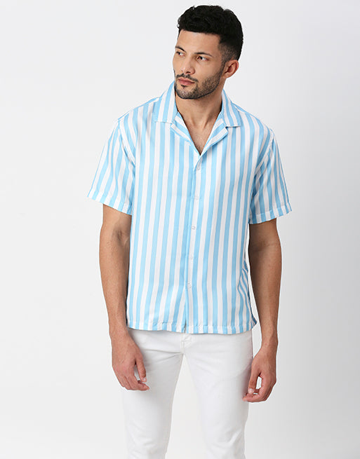 White And Sky Blue Striped Half Sleeves Shirt