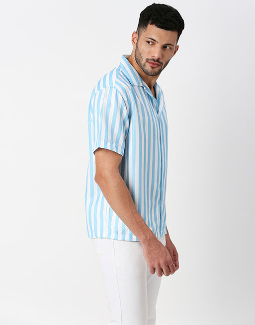 White And Sky Blue Striped Half Sleeves Shirt