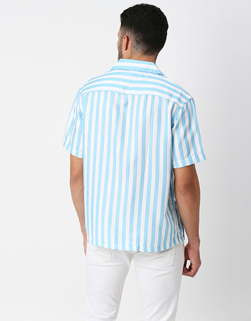 Hemsters White And Sky Blue Striped Half Sleeves Shirt For Men