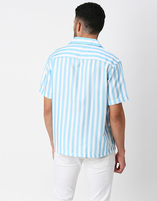 White And Sky Blue Striped Half Sleeves Shirt