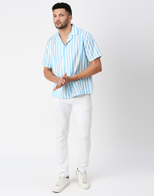 White And Sky Blue Striped Half Sleeves Shirt