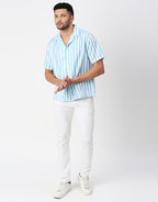 White And Sky Blue Striped Half Sleeves Shirt