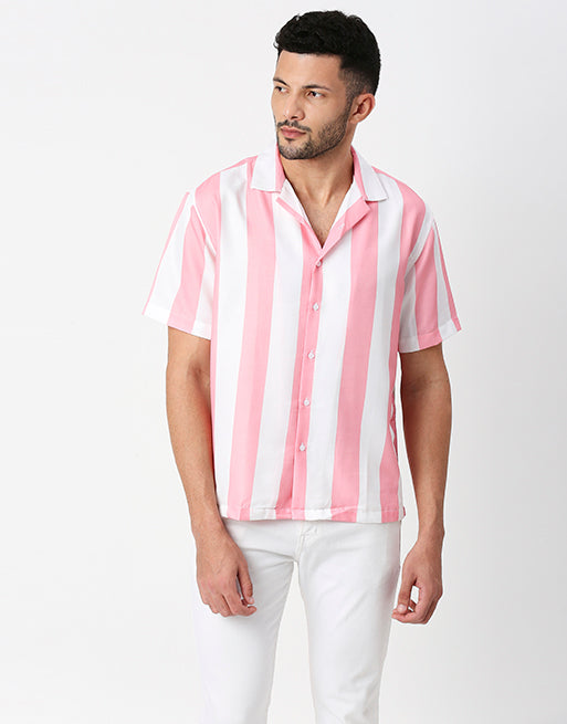 Hemsters White And Pink Striped Half Sleeves Shirt For Men