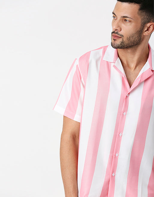 Hemsters White And Pink Striped Half Sleeves Shirt For Men