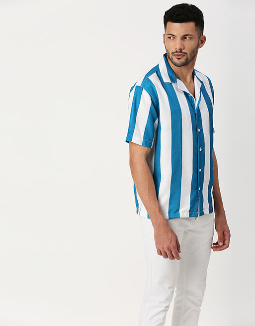 Hemsters White And Blue Striped Half Sleeves Shirt For Men
