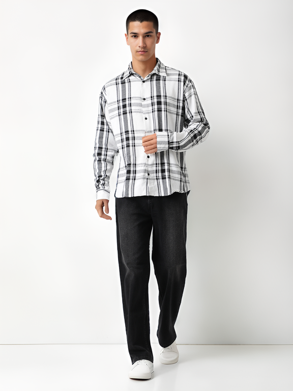 Hemsters Men White Full Sleeves Checked Shirt