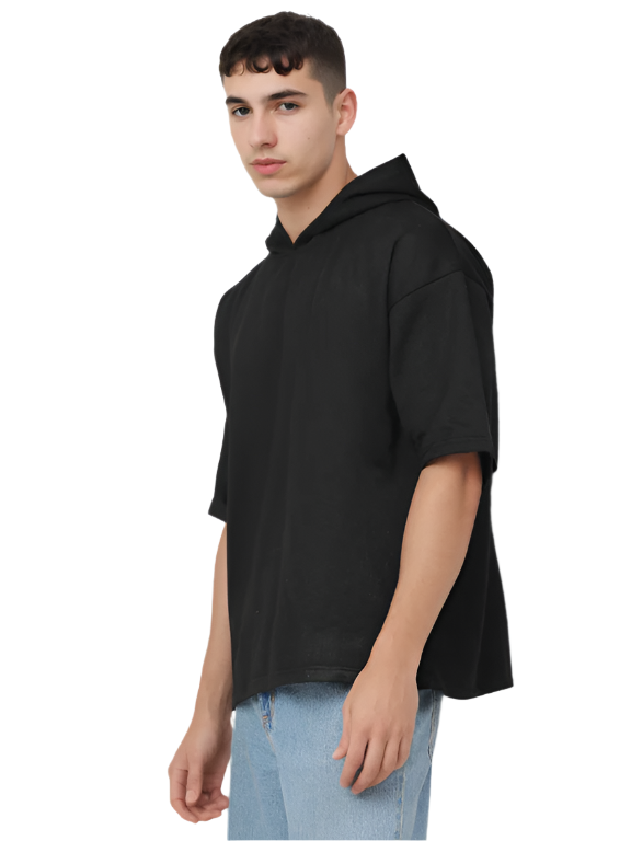 Hemsters Black Half Sleeve Relaxed Fit Hoodie For Men