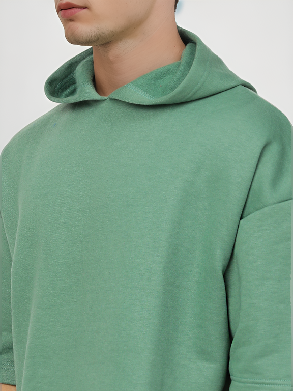 Hemsters Green Half Sleeve Relaxed Fit Hoodie For Men