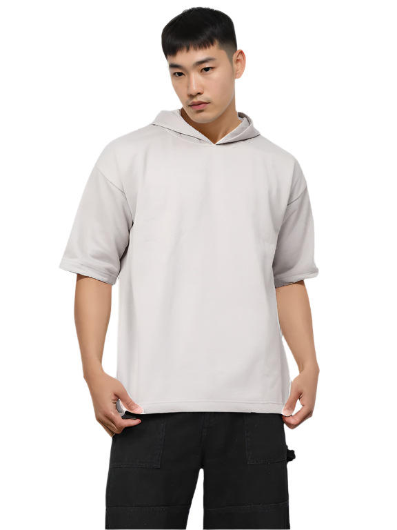 Hemsters Ash Grey Half Sleeve Relaxed Fit Hoodie For Men