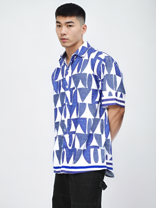 Hemsters Medium Blue Geometric Print Casual Short Sleeves Regular Collar Shirt