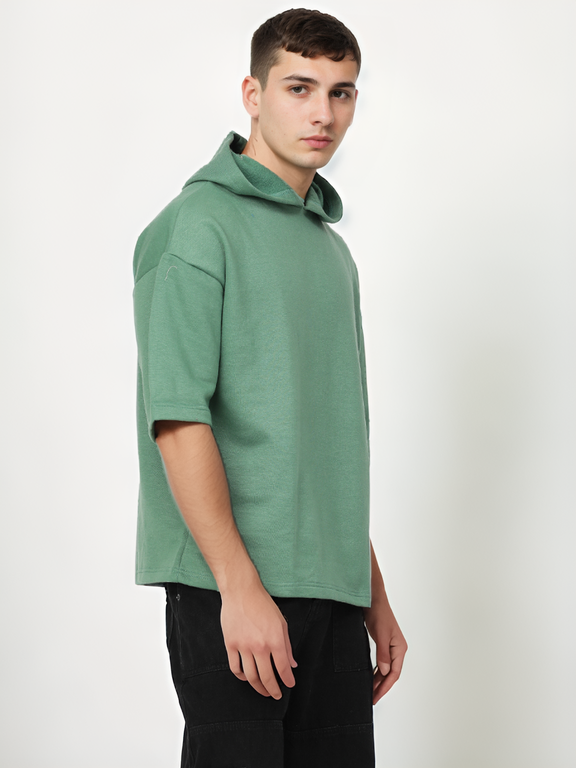 Hemsters Green Half Sleeve Relaxed Fit Hoodie For Men