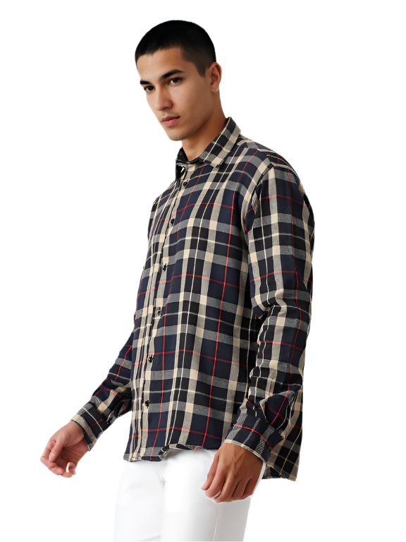 Hemsters Men Navy Blue Full Sleeves Checked Shirt