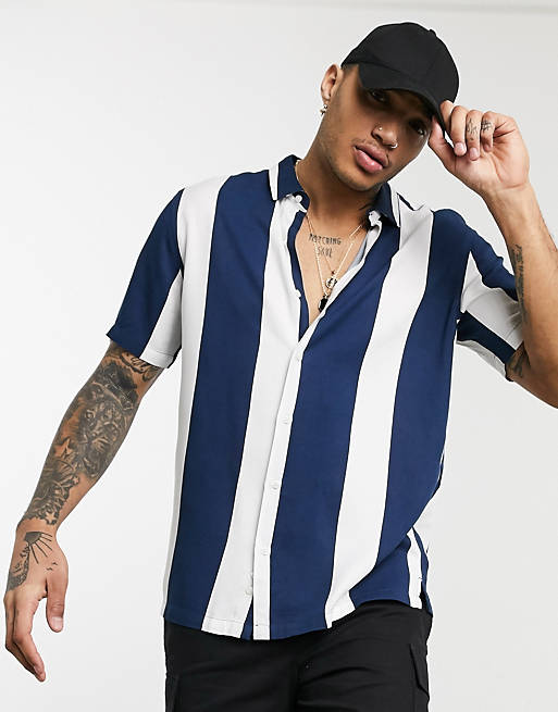 White And Blue Half Sleeve Stripe Shirt