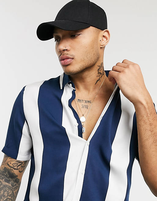 White And Blue Half Sleeve Stripe Shirt