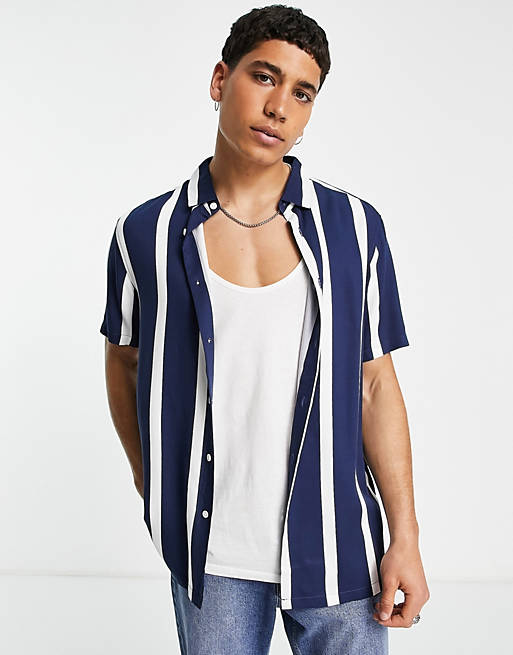 White And Purple Half Sleeve Stripe Shirt
