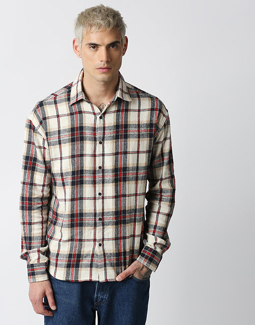 Hemsters Cream Relaxed Fit Checkered Shirt